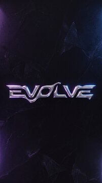 Futuristic chrome EVOLVE text logo, metallic 3D typography on dark background, sleek silver lettering for gaming and tech branding