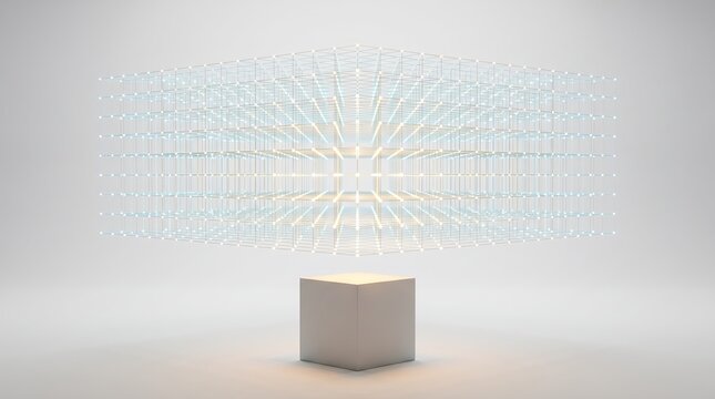 A luminous 3D dot lattice floats above a white cube
