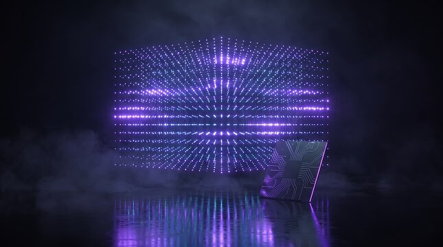 Circuit chip anchors a glowing 3D dot grid