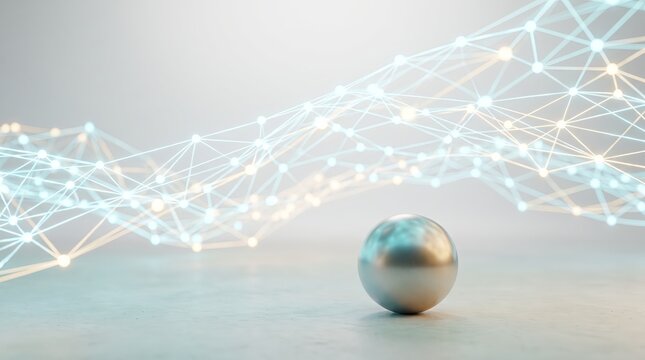 A floating 3D plexus mesh hovers over a steel sphere