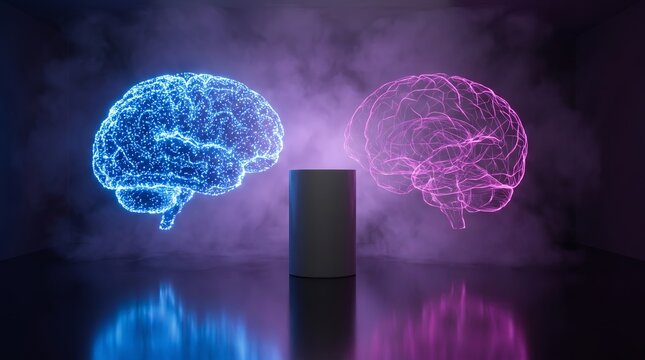 Two glowing 3D brains face off on a violet stage
