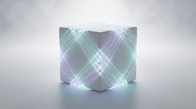 Crossing 3D threads wrap tightly around a white cube