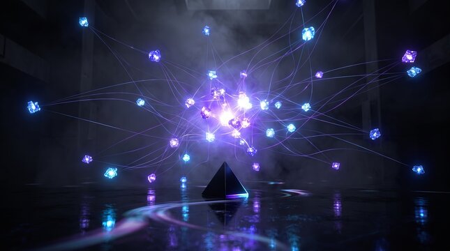 Fragmented 3D gems converge upon a floating pyramid