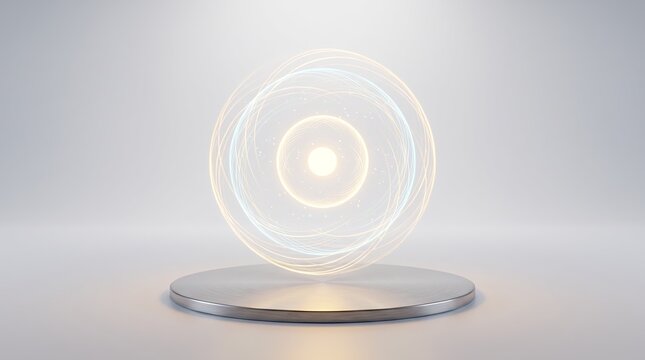 A radiant 3D orb spins inside layered chrome rings