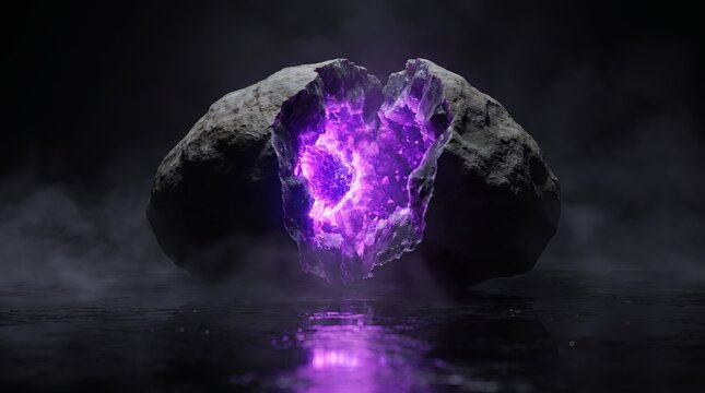 A cracked geode reveals a glowing 3D crystal core