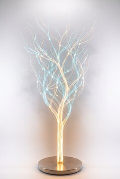 Fiber-optic tree branches glow in teal and gold 3D light