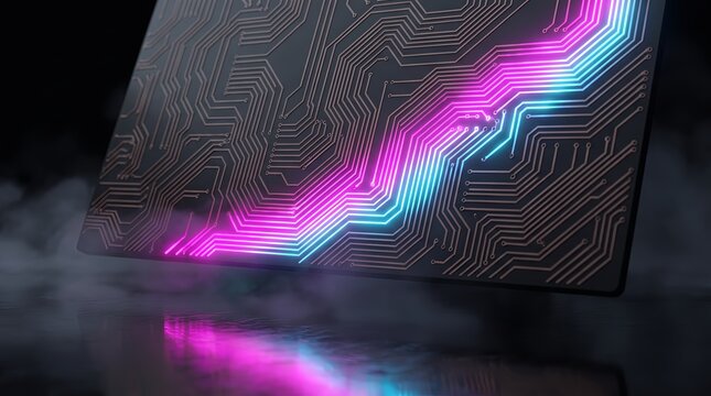 Neon traces pulse across a tilted 3D circuit board