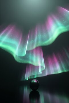 Aurora ribbons swirl above a 3D reflective sphere