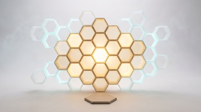 Amber hexagons glow across a 3D honeycomb wall