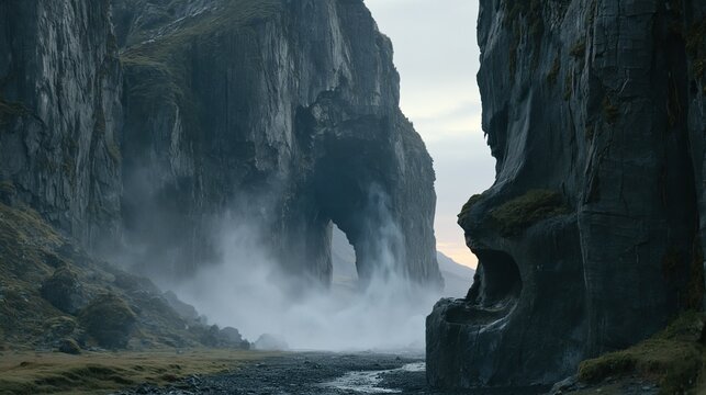 Misty moody canyon landscape with natural rock arch between tall steep cliffs and narrow rocky stream flowing under soft morning light