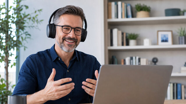 Middle aged professional speaking on video call from home office