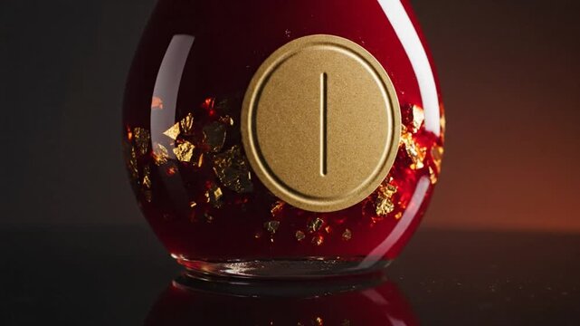Luxurious pear-shaped glass bottle of ruby red liquid with gold leaf and a golden embossed number one.