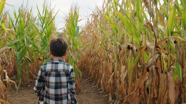 Asian Boy Walking Away Holding Ear of Corn in Maze