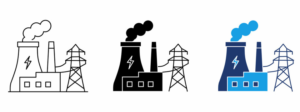 Power plant icon set with cooling tower, smoke, and high voltage transmission tower. Symbol of electricity generation, thermal power station, energy grid, industrial factory, nuclear power, and utilit
