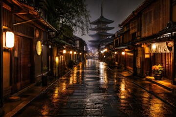 Fototapeta premium 雨に濡れた京都の歴史的な街並み