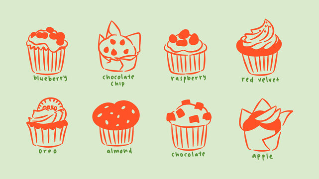 Set Collection Bundle of Hand Drawn Illustration Muffin Cupcake Elements. Editable Vector Brush Line Art Icon Symbol Logo for Bakery, Cafe Branding or Packaging Design.