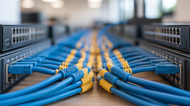 Tidy patched network cables with modular connectors linked to switches and routers in a bright modern server room, symmetrical organized composition, network cables, patch panel, router,