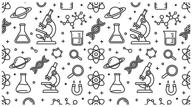 Science research pattern with microscope dna planet and chemistry icons background design.