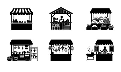 Fototapeta premium 70 Market Stall Icons, Food Stand Graphics, Vendor Booth Illustrations, Outdoor Kiosk Vector Set 100