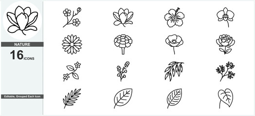 Fototapeta premium Minimalist flower line icons set, botanical nature vector elements, simple floral outline symbols for branding and web design ,Clean grouped each Icon