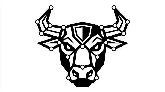 Black geometric mechanical bull head logo design.
