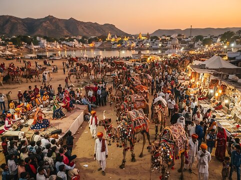 Vibrant Atmosphere of the Traditional Pushkar Camel Fair During Sunset in Rajasthan India