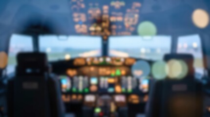 Naklejka premium Airplane cockpit interior view with blurred instrument panel and runway lights. The flight deck displays glowing controls and navigation systems during a low visibility approach.