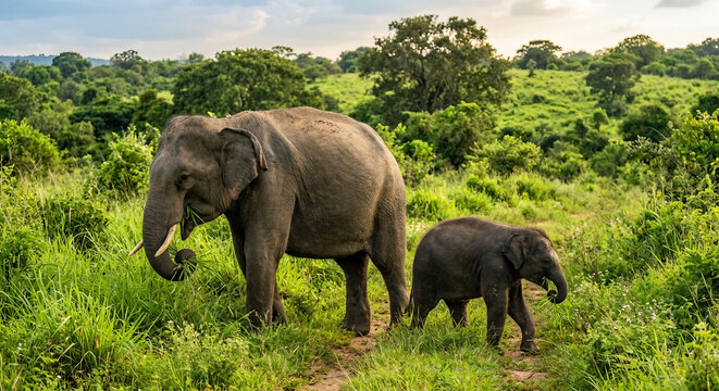Mother Asian Elephant with Cute Calf Walking Through Lush Green Wilderness