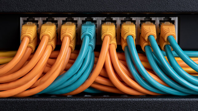 Network patch panel with alternating colored cables arranged in a smooth organized pattern, bright clean rack lighting and close frontal composition, patch panel, colored cables, ethernet,