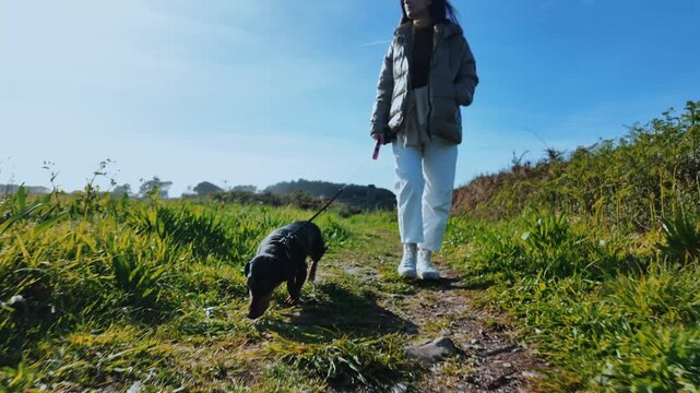 Small black dachshund sniffs the path while a woman walks beside it in bright countryside.