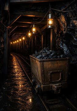 Vintage coal mine cart on railway tracks in atmospheric tunnel with lantern lights