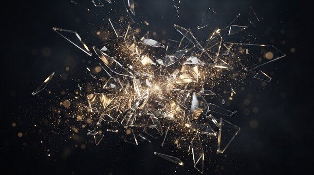 Gold glass shards exploding in dark space with glittering particles for luxury branding.