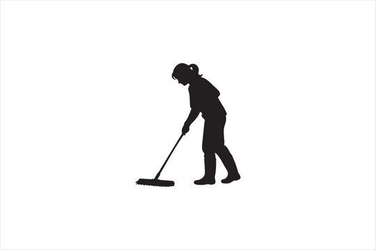 Silhouette of a woman sweeping the floor with a broom, representing house cleaning, domestic work, hygiene, household chores, and everyday home maintenance. Vector illustration.