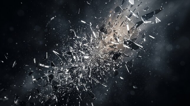 Exploding shattered glass shards flying in dark air create cinematic dynamic background.