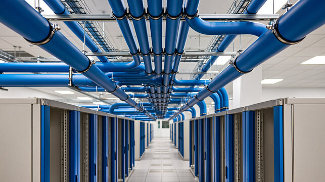 Data center ceiling with organized overhead cable trays running above aligned server racks, bright even lighting and strong geometric perspective, data center, cable trays, server racks,
