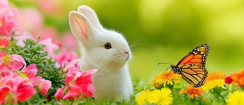 Rabbit gazes at a butterfly in a colorful spring garden surrounded by blooming flowers and soft golden sunlight.