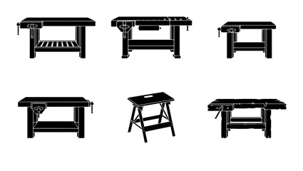 Fototapeta premium 70 Workshop Benches Vector Icons, Carpentry Workstation Silhouettes, Heavy Duty Workbench Set, Industrial Furniture Graphics 100