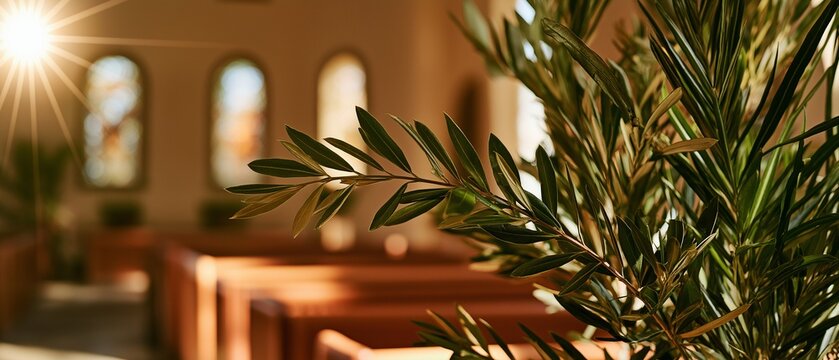 A lush olive branch stands prominently in the foreground of a warmly lit church filled with a seated congregation.