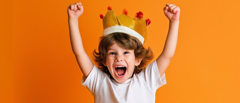 a young, enthusiastic youngster celebrates good fortune with his fists and hands during a prince party.