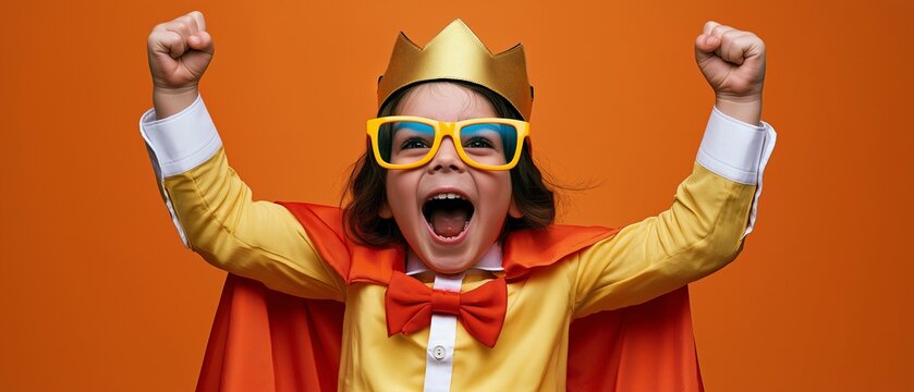 a young, enthusiastic youngster celebrates good fortune with his fists and hands during a prince party.