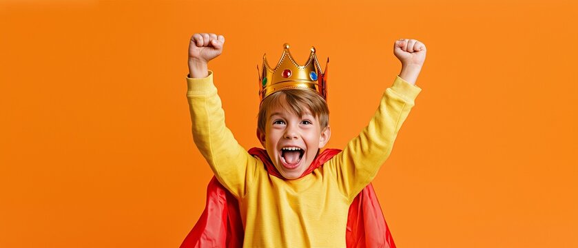 a young, enthusiastic youngster celebrates good fortune with his fists and hands during a prince party.