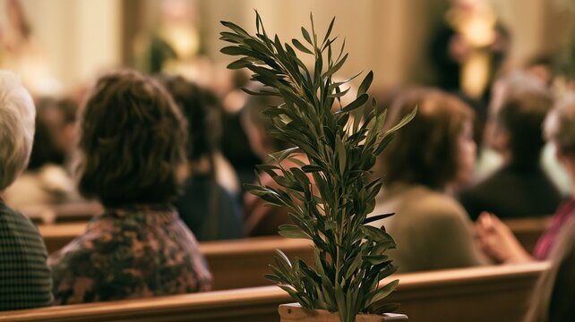 A lush olive branch stands prominently in the foreground of a warmly lit church filled with a seated congregation.