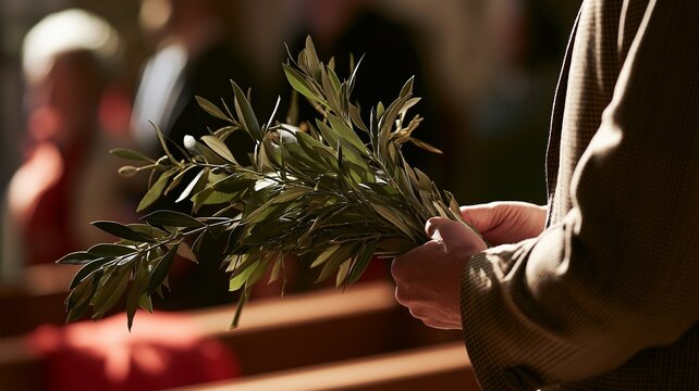 A lush olive branch stands prominently in the foreground of a warmly lit church filled with a seated congregation.