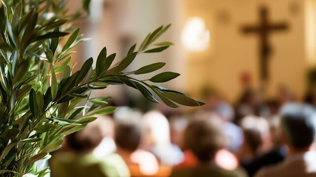 A lush olive branch stands prominently in the foreground of a warmly lit church filled with a seated congregation.