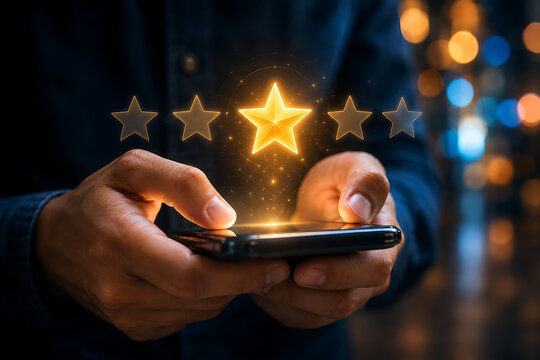 Businessman holding smartphone displaying five golden star customer feedback rating icon.