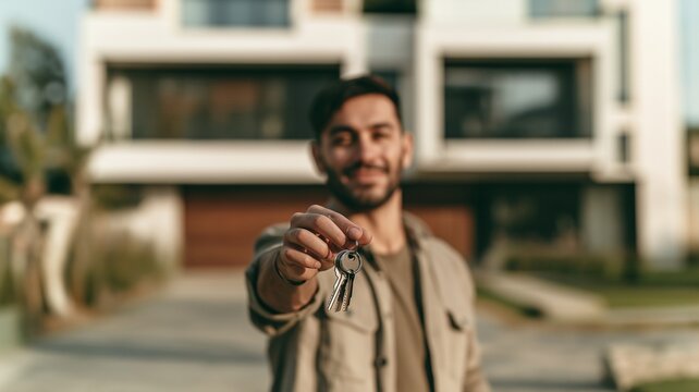 Smiling man proudly presenting a house key in front of a modern home, symbolizing homeownership, property purchase, new beginnings