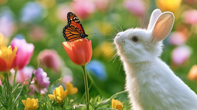 Rabbit gazes at a butterfly in a colorful spring garden surrounded by blooming flowers and soft golden sunlight.