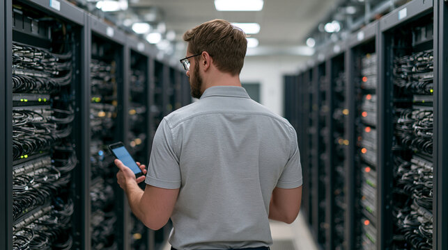 Young male technician holding a smartphone while inspecting network cables and server hardware, faceless rear angle in a bright clean server room, technician, smartphone, server room,