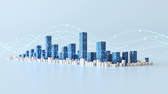 Bright smart city communication concept with abstract connected buildings, wireless signal paths and data nodes on a clean light background, smart city, communication network, 5G, internet