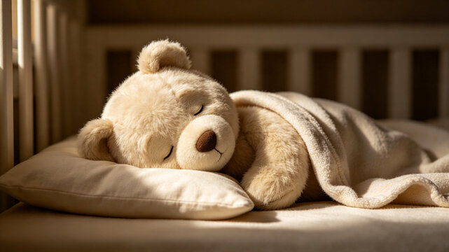 A soft, plush teddy bear peacefully sleeping in a crib, tucked under a cozy blanket on a pillow with gentle sunlight streaming in.